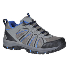 Grey portwest low cut nebraska trainer. Trainer has black and bue accents through out and a protective toe cap.