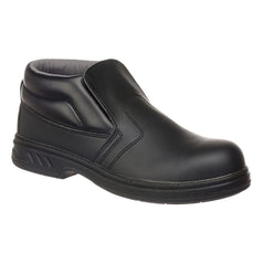 Black Slip On Safety Boot with ankle support, stitching, tongue on top and grey inner lining.