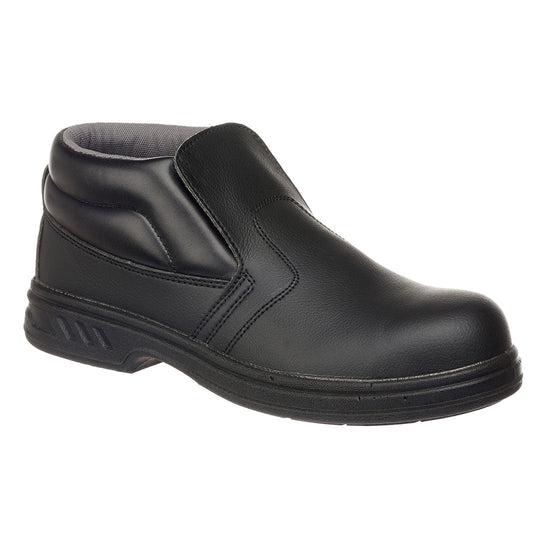 Black Slip On Safety Boot with ankle support, stitching, tongue on top and grey inner lining.