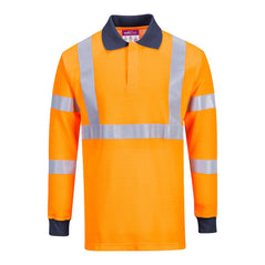 Flame Resistant orange RIS Polo Shirt with navy contrast on the end of the sleeves and on the collar. Hi vis band across the chest and two on the arms and shoulders.	