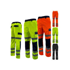Kapton HV-516 poly cotton cargo trousers in different colours/ Colours seen are yellow, orange, black, yellow and navy contrast and orange and navy contrast. trousers have cargo pockets and kneepad pockets as well as back pockets.