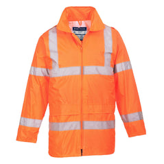 Orange Hi Vis rain jacket. Jacket has hi vis bands on the arms, body and shoulders. Jacket has front fasten and two bottom pockets.