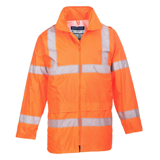 Orange Hi Vis rain jacket. Jacket has hi vis bands on the arms, body and shoulders. Jacket has front fasten and two bottom pockets.