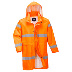 Hi vis coat 100cm in orange with hi vis strips on the bottom, chest and arms of the coat.