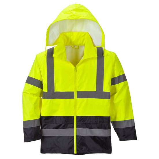 Yellow Hi vis contrast rain jacket with two waist bands and shoulder bands. Zip fasten with waist pockets and visible hood. Jacket has navy contrast on the bottom of the jacket and arms.