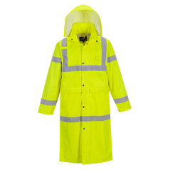 Hi vis coat 122cm in yellow with hi vis strips on the bottom, chest and arms of the coat.