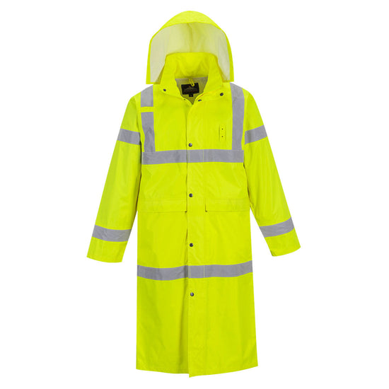 Hi vis coat 122cm in yellow with hi vis strips on the bottom, chest and arms of the coat.