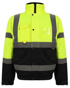 Yellow Hi vis bomber jacket with two tone accents on the sleeve and bottom of the jacket. Two waist bands and shoulder bands. Pop button fasten with a id holder, chest and waist pockets.