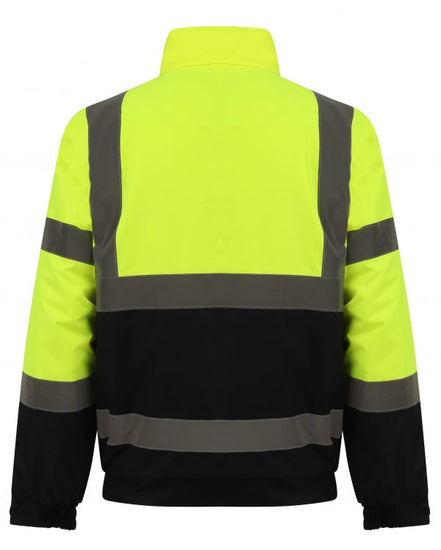 Back of Yellow Hi vis bomber jacket with two tone accents on the sleeve and bottom of the jacket. Two waist bands and shoulder bands. 