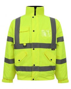Yellow Hi vis bomber jacket with two waist bands and shoulder bands. Pop button fasten with a id holder, chest and waist pockets.