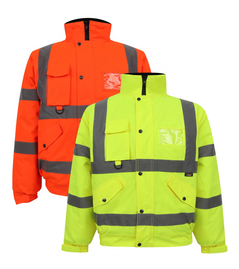 Orange and Yellow Hi vis bomber jacket with two waist bands and shoulder bands. Pop button fasten with a id holder, chest and waist pockets.