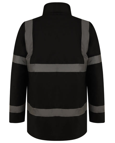 Black Hi vis Traffic jacket with two waist bands and shoulder bands. Pop button fasten with a id holder and waist pockets.