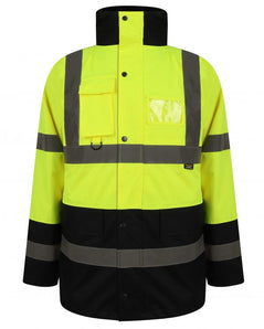 Yellow Hi vis Traffic jacket with two tone accents on the collar, bottom of the sleeve and bottom of the jacket. Two waist bands and shoulder bands. Pop button fasten with a id holder and waist pockets.