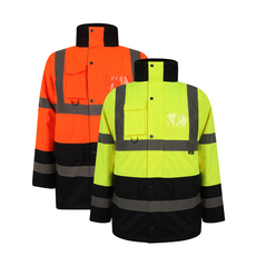 Orange and Yellow Hi vis Traffic jacket with two tone accents on the collar, bottom of the sleeve and bottom of the jacket. Two waist bands and shoulder bands. Pop button fasten with a id holder and waist pockets.