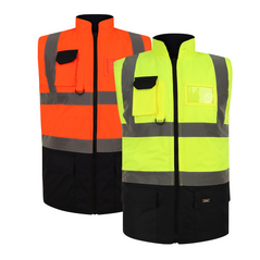 Orange and Yellow Hi vis body-warmer with Two tone navy accents on the pocket and the bottom of body warmer. two waist bands and shoulder bands. Zip fasten with a id holder, D-loop, chest and waist pockets.