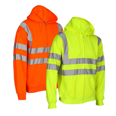 Orange and Yellow Hi vis hooded sweatshirt. Sweatshirts have side pockets, two hi vis waist bands and hi vis shoulder bands. Sweatshirts are zip fasten.