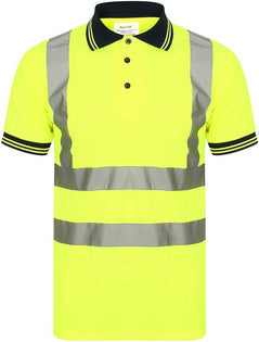 Yellow Hi vis polo shirt short sleeve with navy accents on the collar and wrist cuff. Polo Shirts have two hi vis waist bands and hi vis shoulder bands. 