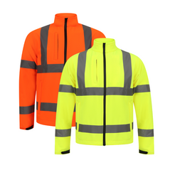 Orange and Yellow Hi vis softshell jacket with two waist bands and shoulder bands. Zip fasten with an extra chest zip pocket and waist pockets.