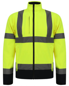 Yellow Hi vis softshell jacket with two tone navy accents on the bottom of the sleeves and jacket. Two waist bands and shoulder bands. Zip fasten with an extra chest zip pocket and waist pockets.