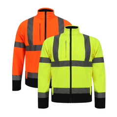 Orange and Yellow Hi vis softshell jacket with two tone navy accents on the bottom of the sleeves and jacket. Two waist bands and shoulder bands. Zip fasten with an extra chest zip pocket and waist pockets.