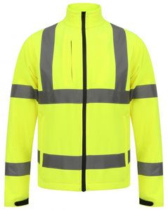 Yellow Hi vis softshell jacket with two waist bands and shoulder bands. Zip fasten with an extra chest zip pocket and waist pockets.