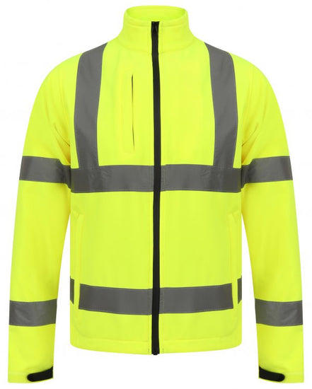 Yellow Hi vis softshell jacket with two waist bands and shoulder bands. Zip fasten with an extra chest zip pocket and waist pockets.