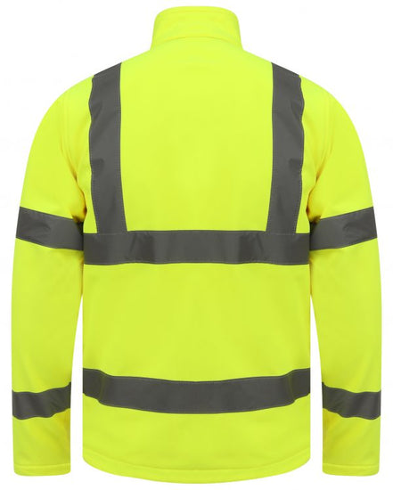 Back of Yellow Hi vis softshell jacket with two waist bands and shoulder bands. 