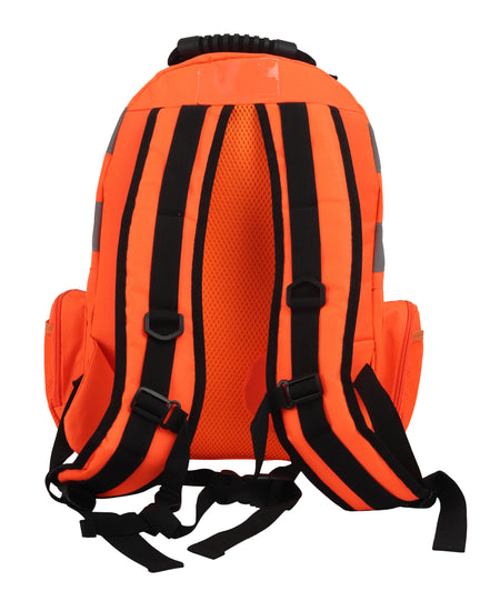 Orange hi vis backpacks with side pockets and two hi vis bands across the bag on the bottom and top of the bag with black holder and black and orange shoulder straps.