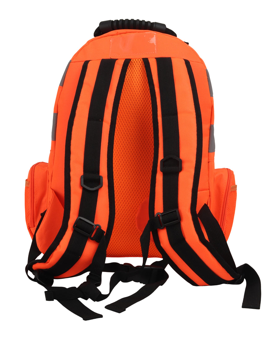 Orange hi vis backpacks with side pockets and two hi vis bands across the bag on the bottom and top of the bag with black holder and black and orange shoulder straps.