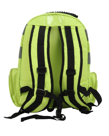 Yellow hi vis backpacks with side pockets and two hi vis bands across the bag on the bottom and top of the bag with black holder and black and yellow shoulder straps.