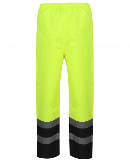 Yellow Hi vis over trousers with two tone accents on the bottom of the trouser. Trousers have two hi vis bands and elasticated waist for tightening.