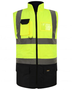 Yellow Hi vis body-warmer with Two tone navy accents on the pocket and the bottom of body warmer. two waist bands and shoulder bands. Zip fasten with a id holder, D-loop, chest and waist pockets.