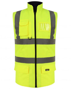 Yellow Hi vis body-warmer with two waist bands and shoulder bands. Zip fasten with a id holder, D-loop, chest and waist pockets.