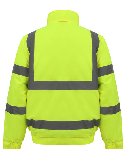 Yellow Hi vis bomber jacket with two waist bands and shoulder bands. Pop button fasten with a id holder, chest and waist pockets.