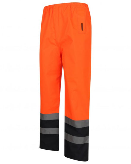 Orange Hi vis over trousers with two tone accents on the bottom of the trouser. Trousers have two hi vis bands and elasticated waist for tightening.