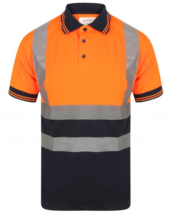 Orange Hi vis polo shirt short sleeve with navy accents on the collar, Bottom of the shirt and wrist cuff. Polo Shirts have two hi vis waist bands and hi vis shoulder bands.
