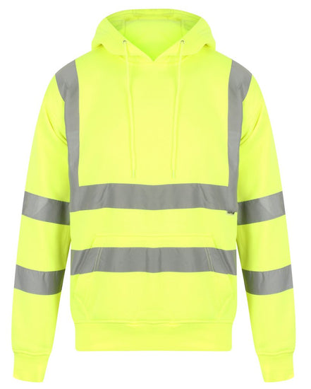 Yellow Hi vis hooded sweatshirt. Sweatshirts have two hi vis waist bands and hi vis shoulder bands.