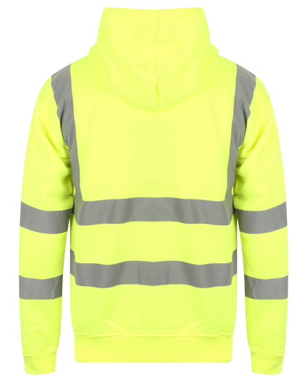 Back of Yellow Hi vis hooded sweatshirt. Sweatshirts have two hi vis waist bands and hi vis shoulder bands.
