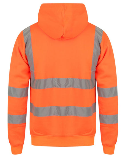 Back of Orange Hi vis hooded sweatshirt. Sweatshirts have two hi vis waist bands and hi vis shoulder bands.