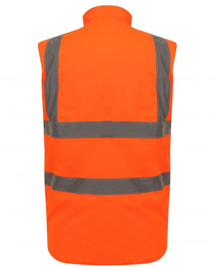 Back of Orange Hi vis body-warmer with two waist bands and shoulder bands. 