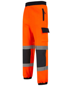 Orange Hi vis Jogging bottoms with navy accents on the kneepad area, waistband, pocket closure and ankle band. Joggers have two hi vis bands, cargo pockets and drawcords for tightening.