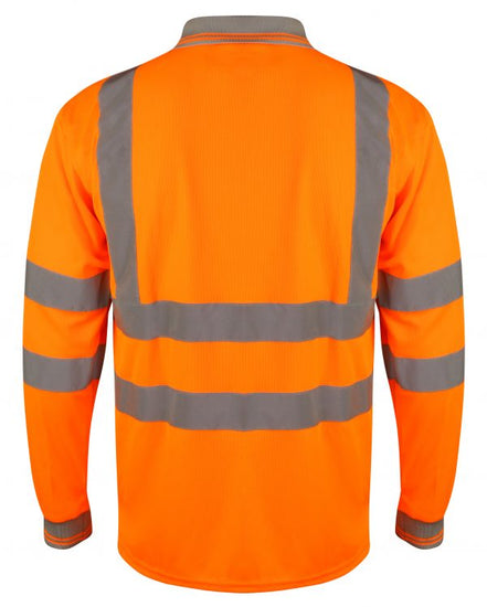 Orange Hi vis polo shirt long sleeve with grey accents on the collar and wrist cuff. Polo Shirts have two hi vis waist bands and hi vis shoulder bands.