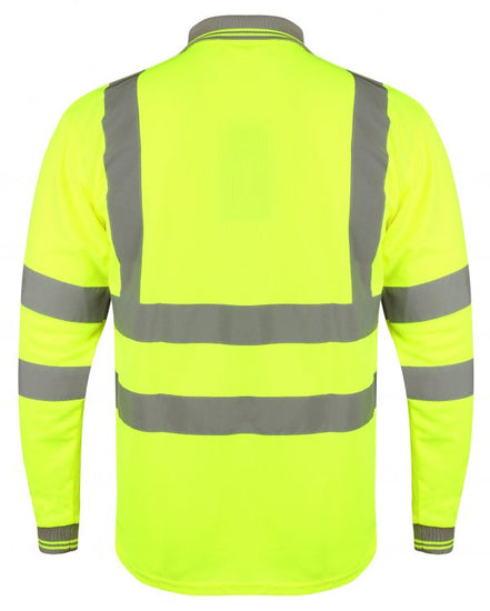 Yellow Hi vis polo shirt long sleeve with grey accents on the collar and wrist cuff. Polo Shirts have two hi vis waist bands and hi vis shoulder bands.