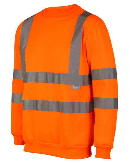 Orange Hi vis crew neck sweatshirt. Sweatshirts have two hi vis waist bands and hi vis shoulder bands.
