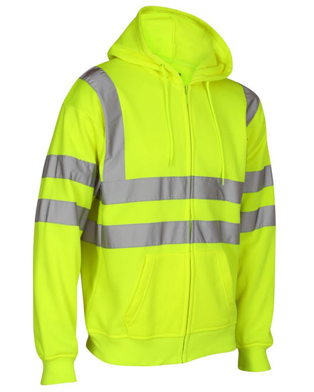 Yellow Hi vis hooded sweatshirt. Sweatshirts have side pockets, two hi vis waist bands and hi vis shoulder bands. Sweatshirts are zip fasten.