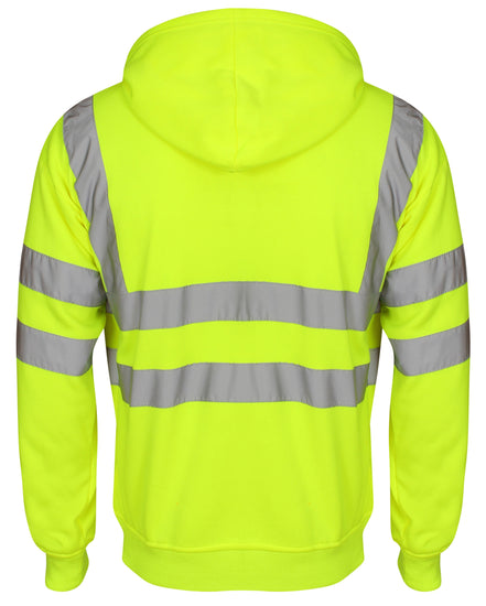 Back of Yellow Hi vis hooded sweatshirt. Sweatshirts have two hi vis waist bands and hi vis shoulder bands.