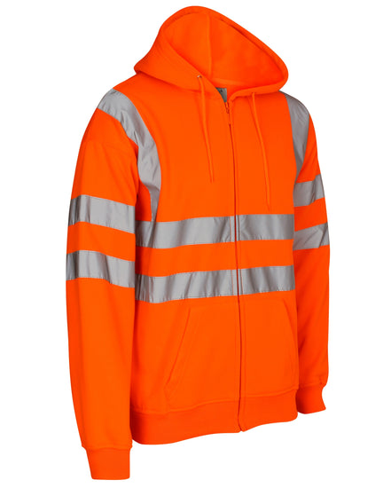 Orange Hi vis hooded sweatshirt. Sweatshirts have side pockets, two hi vis waist bands and hi vis shoulder bands. Sweatshirts are zip fasten.