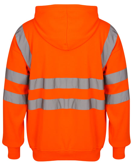 Back of Orange Hi vis hooded sweatshirt. Sweatshirts have two hi vis waist bands and hi vis shoulder bands.