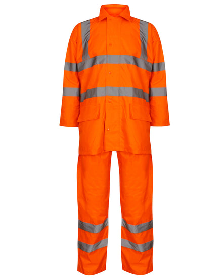 Orange Hi vis PU rainsuit. Rainsuits are composed of trousers and a jacket. Jackets have two hi vis waist bands and hi vis shoulder bands, Trousers have two hi vis ankle bands.