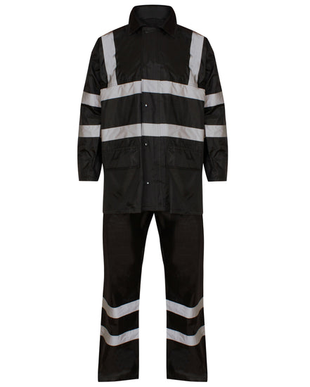 Black Hi vis PU rainsuit. Rainsuits are composed of trousers and a jacket. Jackets have two hi vis waist bands and hi vis shoulder bands, Trousers have two hi vis ankle bands.